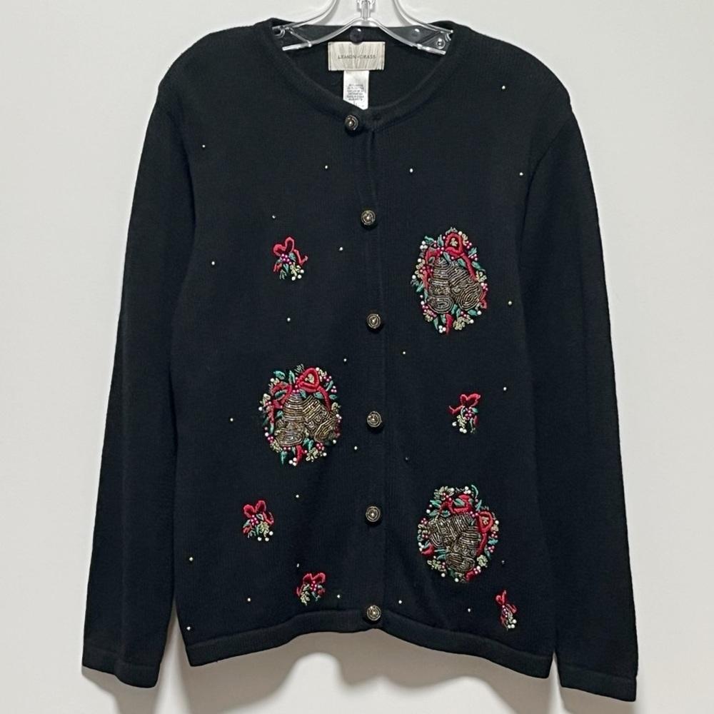 Lemon Grass vintage Black Beaded
Embroidered wreaths Holiday Cardigan Sweater